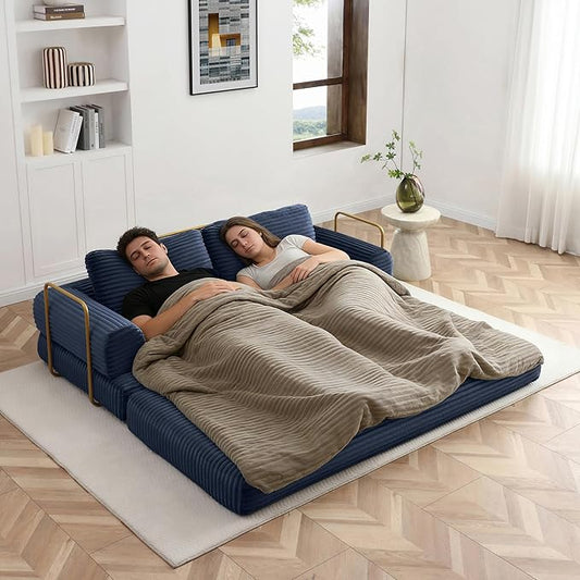 Convertible Sleeper Sofa Bed 79.5 Folding Floor Sofa Mattress Couch with Pillows Corduroy Futon Boneless Couch Lounge Loveseat with Pull Out Bed Blue