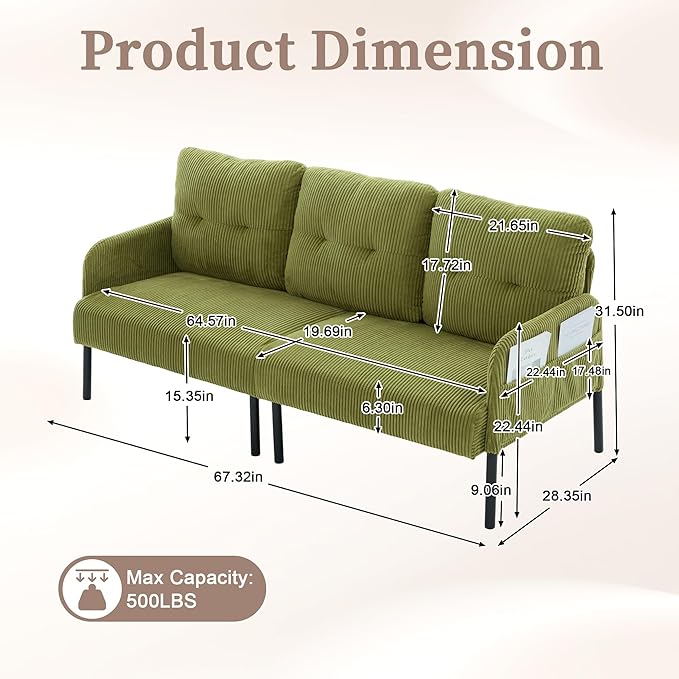 KEIKI 67 Corduroy Loveseat Sofa with Double Side Pockets &amp High Resilience Cushion Modern Style Upholstery Oversized 2-Seater Couch with Metal Legs Easy Assembly for Living Room Green