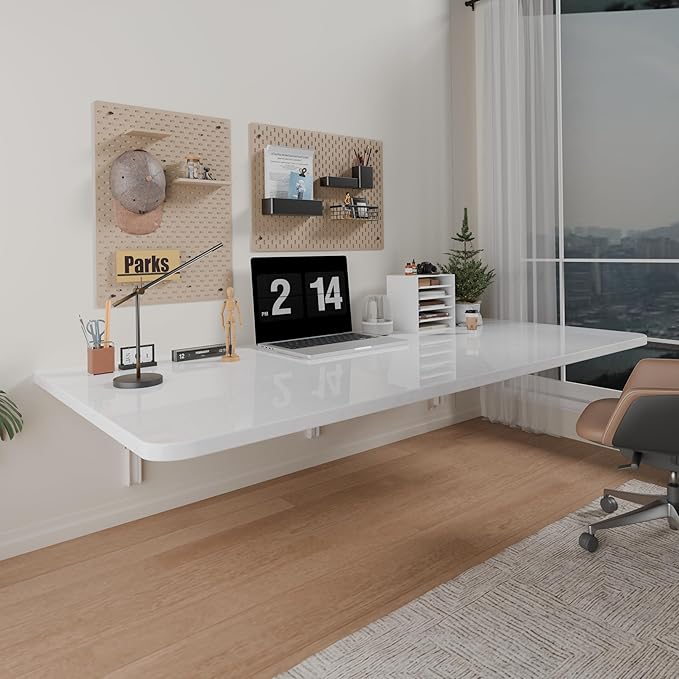 IAE 48 x 22 Floating Foldable DeskWall-Mounted Folding Computer Table with Engineered WoodStudy Table with Shelf BracketsFold Down ShelfFold Computer Desk for Small SpacesHolds 500 lbWhite