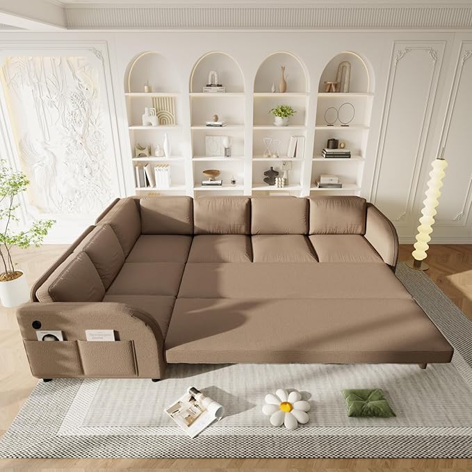 115 L-Shaped Sofa Couch with Pull-Out BedOversize Convertible Sleeper Sofa with Side Pocket &amp USB PortTeddy Upholstered Sectional Couches with Convert Left/Right Facing (Coffee Teddy)