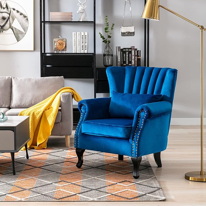 Accent Reading Arm Chairs Midcentury Modern Comfy Corner Sofa Chair Wingback Waiting Room Club Chair with Tufted Back for Living Room/Bedroom/Reception Room Velvet Blue