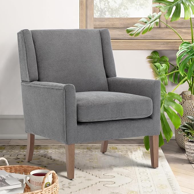 COLAMY Modern Wingback Living Room Chair Set of 2 Upholstered Fabric Accent Armchair Single Sofa Chair with Lounge Seat and Wood Legs for Bedroom/Office/Reading Spaces Gery