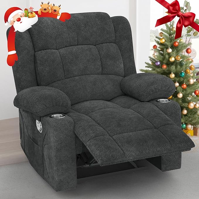 Recliner Chair for Adults Oversized Fabric Manual Pull Tab Reclining Chair with Cup Holders Minimalist Style Single Sofa for Living Room RV (Grey)