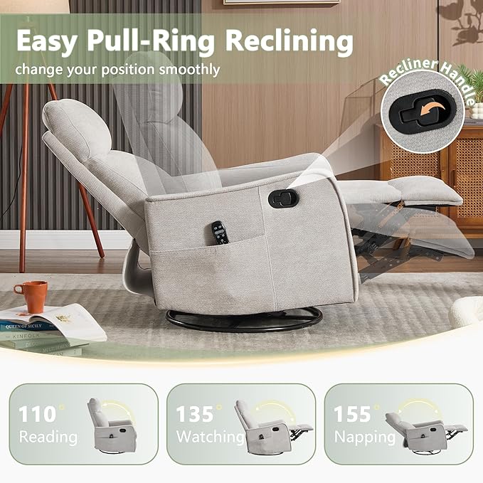 cinkehome Heated Massage Swivel Rocker Recliner Chair Nursery - Small Space Reclining Chair with Lumbar Support 360° Swivel &amp Gentle Rocking Ergonomic High Back Chenille Fabric Beige