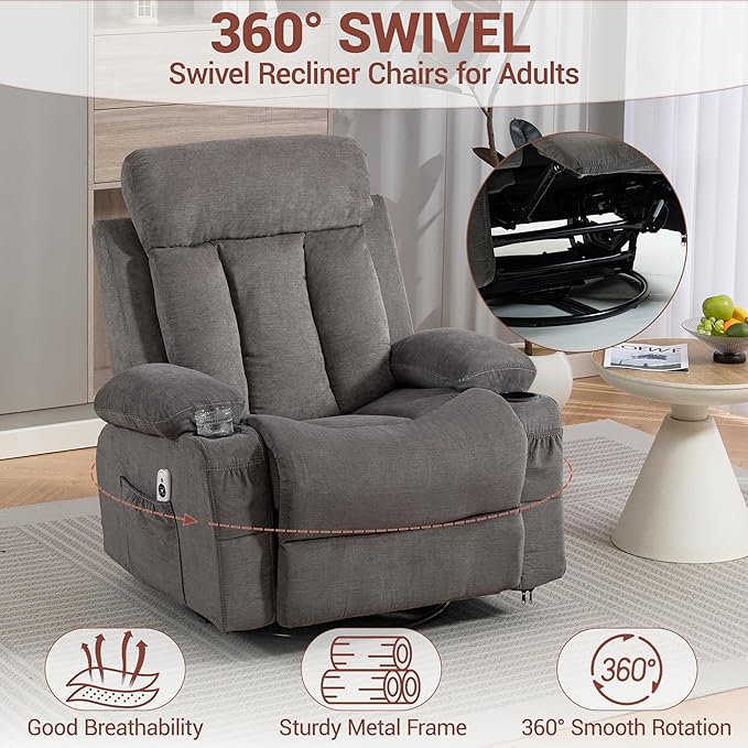 Oversized Recliner Chair for Adults w/Vibration Massage and Heating 360° Swivel Rocker Glider Recliner w/Cup Holder and USB Charge for Living Room Bedroom Grey