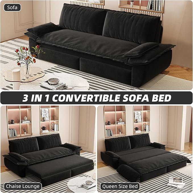 GNIXUU 73.2 Queen Pull Out Sofa Bed Velvet Convertible Sleeper Sofa Couch with 2 Soft Pillows Comfy Loveseat Bed Pull Out Couch for Living Room Apartment Small Space(Black)