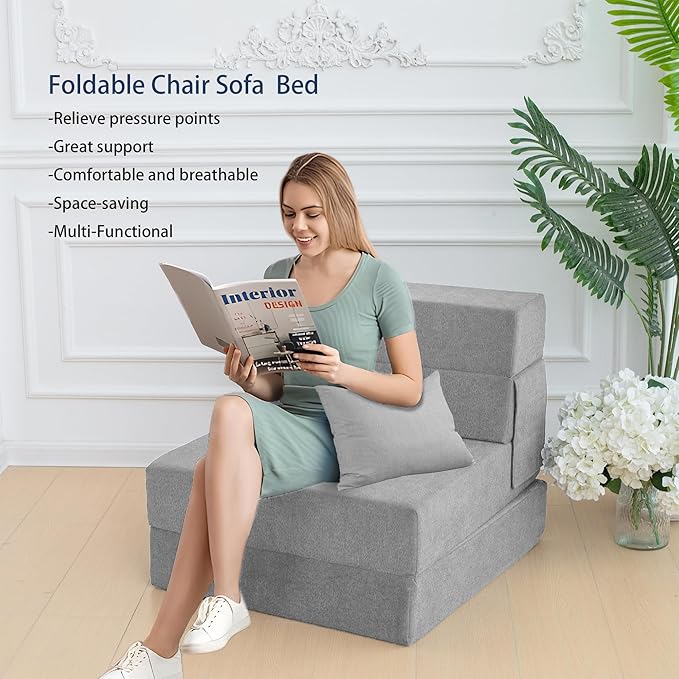 Sofa Bed Foldable Mattress Folding Sleeper Sofa Chair Bed Floor Mattress with Pillow for Living Room Home Office (Light Gray Single)