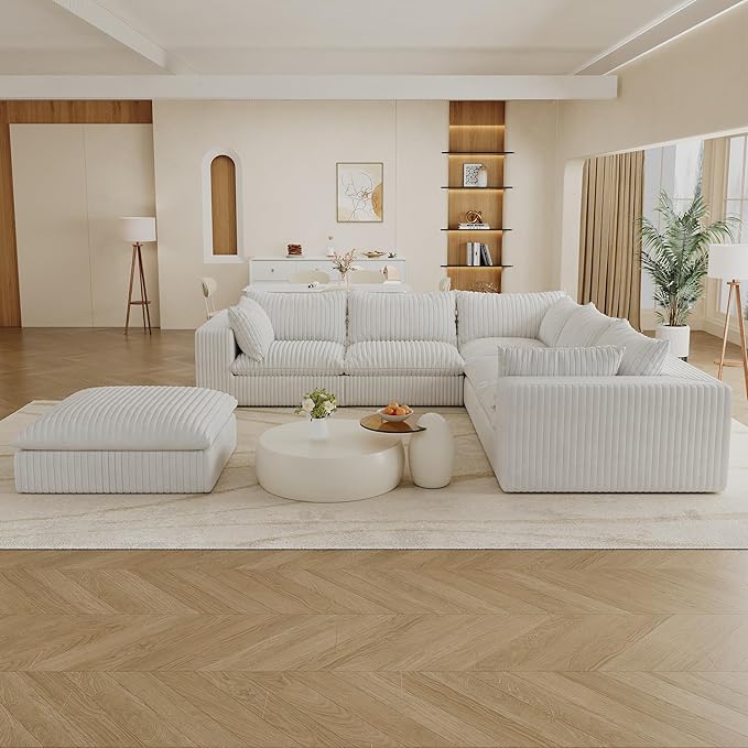118.2 Modern V Shaped Corner Sofa Comfy Modular Sectional Cloud Couch with Plush Corduroy Fabric Deep Seat Upholstered Sofa Boneless Couches for Living Room No Assembly (White + Ottoman)