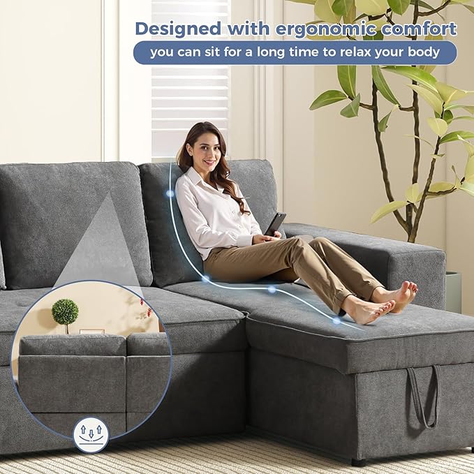 ANJ L Shaped Sectional Sleeper Sofa with Pull Out Bed and Storage 4-in-1 Convertible Couch with Hidden Ottoman and Arm Storage Easy Assembly Modular Sofa Bed for Living Room Grey