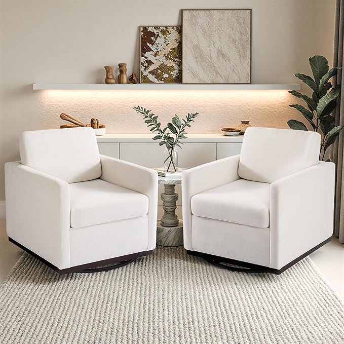Pia Ricco Single Swivel Barrel Chair Mid-Century Modern Accent Armchair with Plush Chenille Upholstery for Living Room &amp Cozy Reading Nook Beige