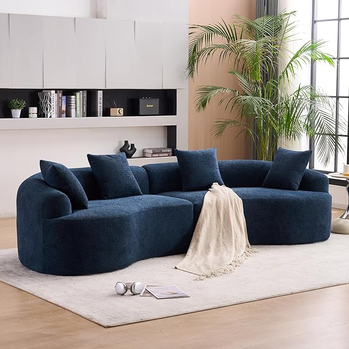 Yoglad 110‘’ Boneless Curved Sofa Modern Cloud 4-Seater Floor Couch Minimalist Compression Sofa for Living Room Apartment Studio Office No Assembly Needed(Chenille Navy Blue)