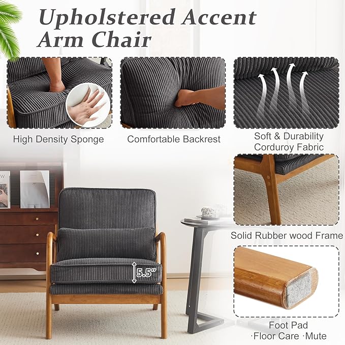 VINGLI Upgraded Premium Corduroy Accent ChairUpholstered Arm ChairSolid Wood Comfy Reading Chair with Lumbar Pillow Mid Century Modern Chairs for Living RoomBedroomDark Grey