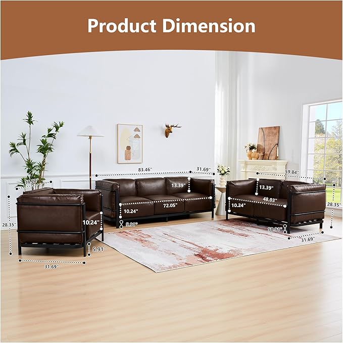 3 Piece Living Room Sofa set Mid-Century Modern Upholstered Couch Chair Faux Leather Sofa Couch with Iron Frame and Upholstered Armrest Backrest Cushion for Living Room Office Apartment (Brown)