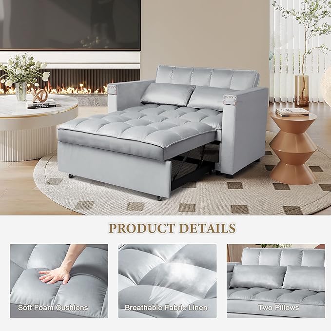 Velvet Convertible 3 in 1 Sleeper Sofa Bed Small Upholstered Loveseat Pull Out Couch Multi-Functional Sleeper Futon with Hidden Table and Adjustable Backrest for Living Room (Gray)