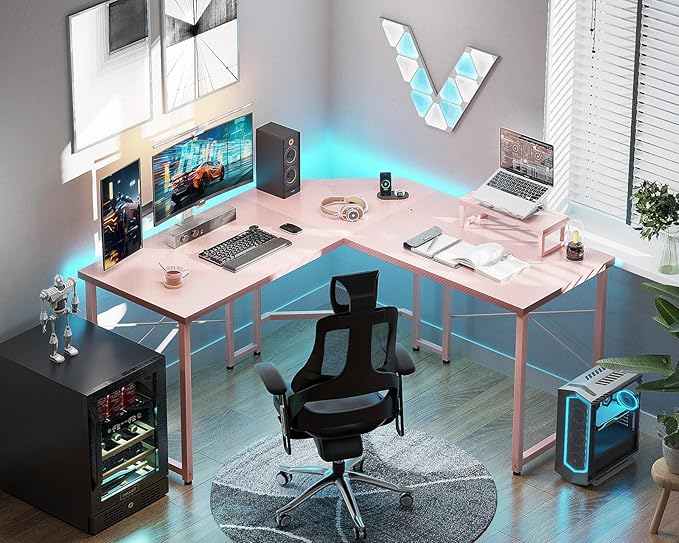 AODK L Shaped Gaming Desk Computer Corner Desk PC Gaming Desk Table with Large Monitor Riser Stand for Home Office Sturdy Writing Workstation51 * 19 inchPink