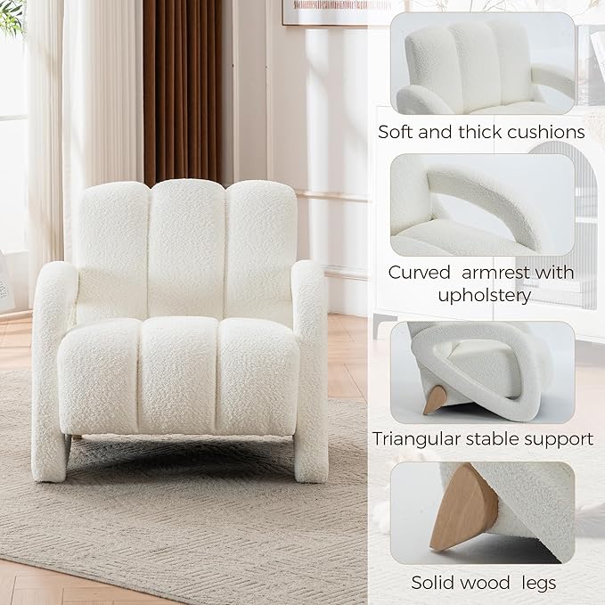 Mid Century Modern Accent Chair Set of 2 with Solid Wood Frame Upholstered Living Room Chairs with Thick Cushion Boucle Tufted Armchair for Bedroom Reading Room Ivory