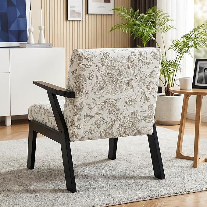 Floral Accent Chair Mid Century Modern Chairs Upholstered Armchair with Solid Rubber Wood Living Chair Ergonomic Chair for Living Room Bedroom Reading Room