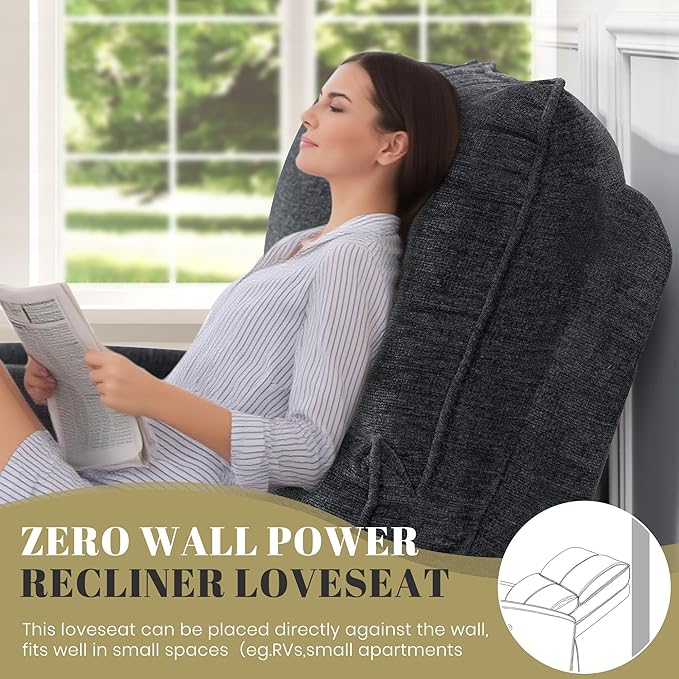 53.5 Zero Wall Hugger Power Reclining Loveseat Sofa with USB &amp Type-C Ports Electric Recliner Loveseat with Lumbar Pillows Small Space Wall Hugger Reclining Couch for Living Room &amp RV (Dark