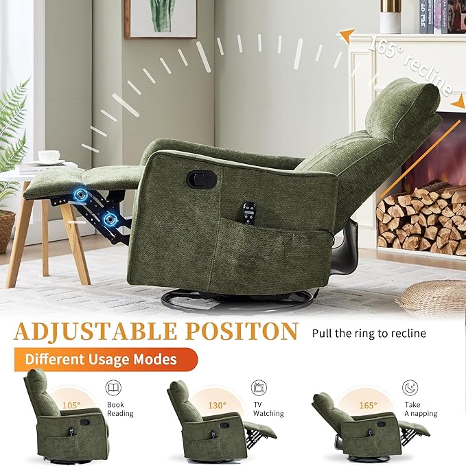 Small Swivel Rocker Recliner Chair for Nursery Heat &amp Massage Manual Upholstered 360° Fabric Glider Chair Small Recliners for Small Spaces Living Room (Green)