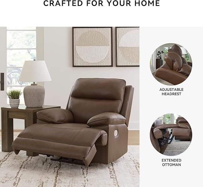 Signature Design by Ashley VonRyan Modern Leather Upholstered Power Recliner with Adjustable Headrest and USB Port Dark Brown