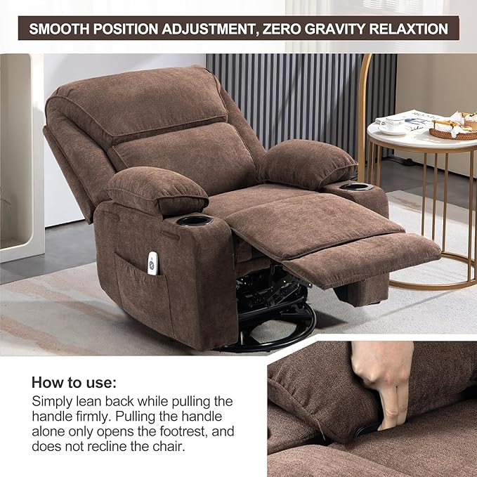 Rocker Recliner Chair with Massage and Heated 360°Swivel Rocking Manual Recliner Chairs with Cup Holders Remote Control for Living Room (Brown)