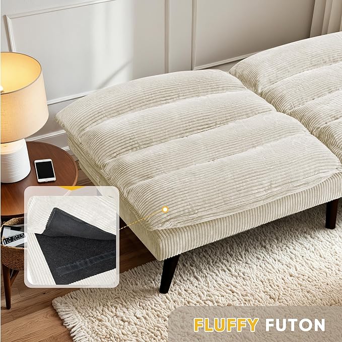 Flamaker Convertible Futon Sofa Bed Futon Couch with Adjustable Back Upholstered Sleeper Sofa Bed for Living Room Furniture (Corduroy White)