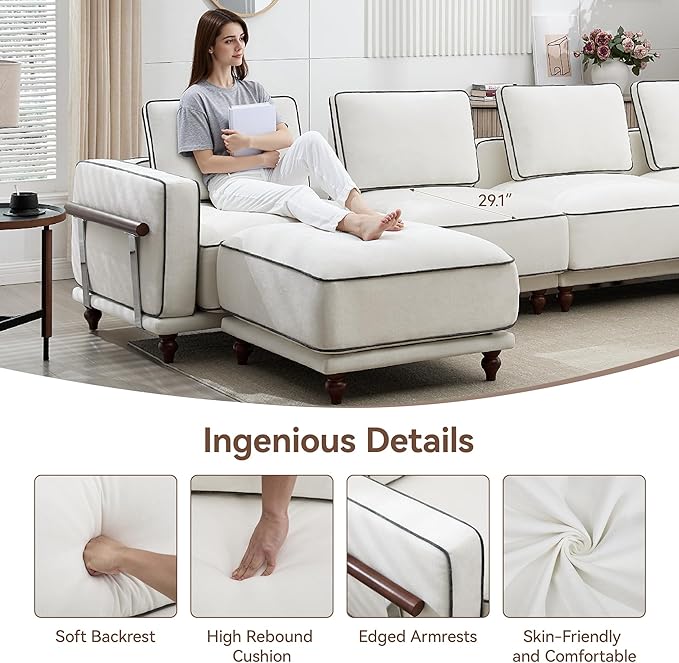 112 Modular Sectional Sofa Oversized 3-Seater Cloud Couches for Living Room Comfy Deep Seat Sofa with Wooden Leg Armrets Chenille White