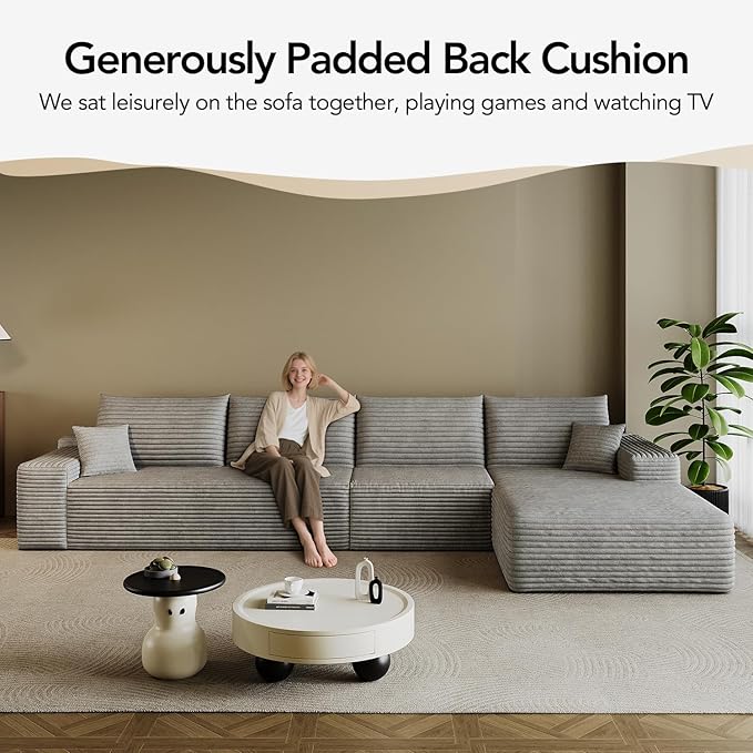 135.6 Boneless Sectional Couch Modern Modular L - Shape Corduroy Upholstered Sofa for Living Room - Deep Seat with Chaise (Grey 3 Seater+Right Facing Chaise)
