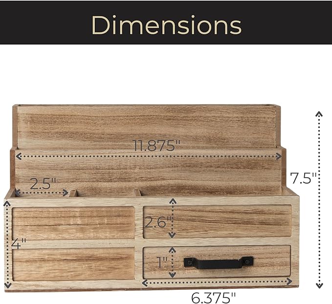 BLU MONACO | Natural Wood Mail Organizer with Drawer &amp Pen Holder | Rustic Desk Organizer for Bills Letters &amp Countertop Storage | Wooden Desktop Mail Sorter for Home &amp Kitchen