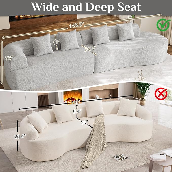 147 Oversized Sectional Sofa for Living Room Modern Luxury Plush Chenille 4-Seater Extra Deep &amp Wide Seat Curved Cloud Couch with 4 Throw Pillows No Assembly Needed Light Grey