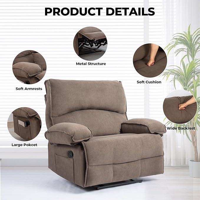 Extra Wide Velvet Manual Recliner Chair for Adults Oversized 27’’ Seat Width Reclining Sofa with Massage and Heating for Big and Tall People Overstuffed Lazy Boy Couch for Living Room Brown