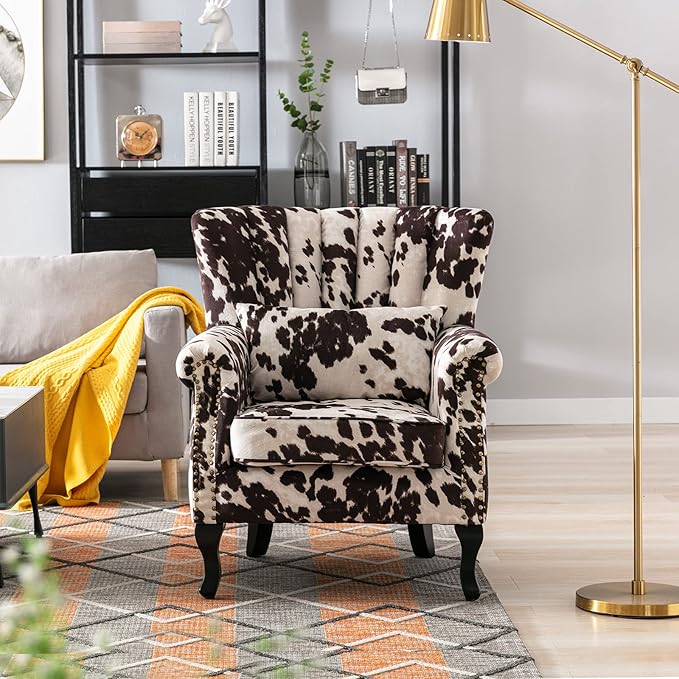 Accent Reading Arm Chairs Set of 2 for Living Room Bedroom Midcentury Modern Comfy Corner Sofa Chair Wingback Waiting Room Club Chair with Button Tufted Back &ampLumbar Pillow Fabric Cow