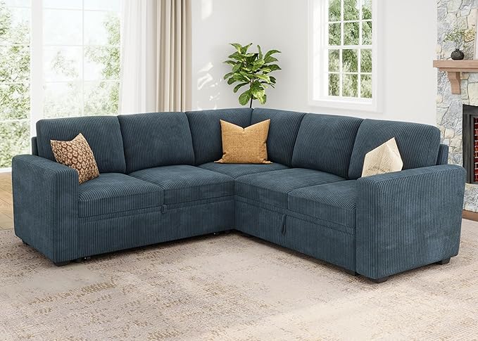HONBAY Modular Sectional Sleeper Couch with Pull Out Bed Corduroy L Shaped Sofa with Storage Convertible Sectional Couches for Living Room Blue