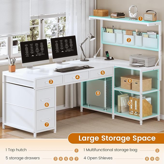 SEDETA Corner Computer Desk Reversible L Shaped Computer Desk with Fabric Drawers and Power Outlet 47.2” Gaming Desk with LED Lights Storage Shelves and Hutch White