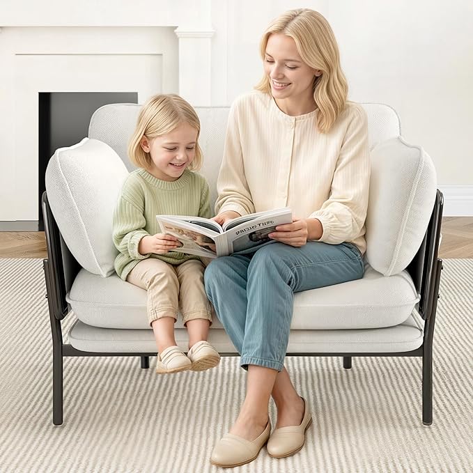Modern Accent Chair for Living Room Oversized Reading Chair with Solid Metal Legs Upholstered Fabric Armchair with Side Pockets and 2 Pillows Comfy Accent Chairs for Bedroom Nursery White