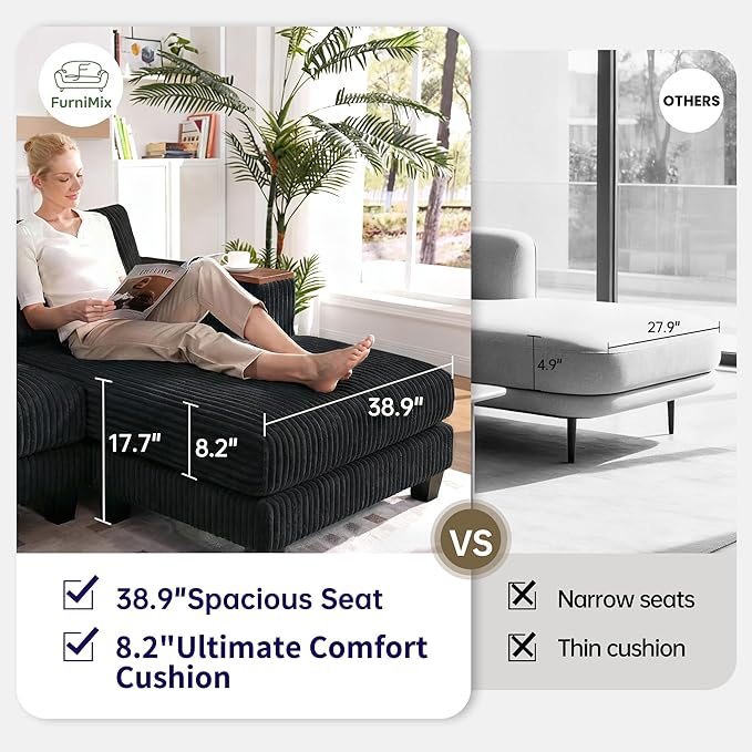 114 Cloud Sectional Couch with L-Shape Reversible Chaise Modern Corduroy L Shaped Couch with 2 Pillows &amp Storage Armrests 4 Seater Sectional Couches for Living Room Plush Corduroy Black