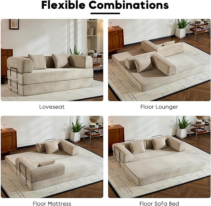 Convertible Boneless Lounge Couch Comfy Floor Sofa Bed for Bedroom Corduroy Floor Sofa with Armrest Floor Couch Bed for Living Beige