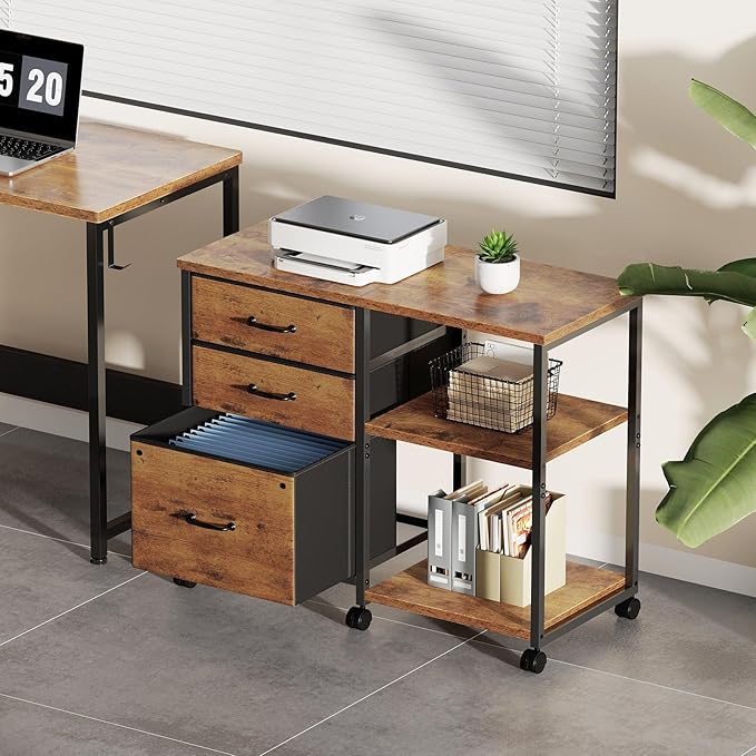 3 Drawer File Cabinet with Wheels Rolling Printer Stand with Open Storage Shelf Fabric Lateral Filing Cabinet for Home OfficeRustic Brown2