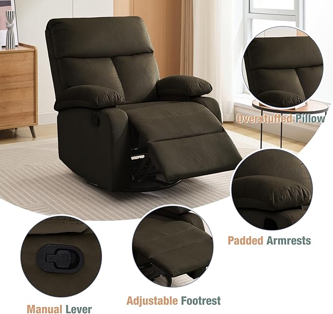 Swivel Rocker Recliner for Adults Small Recliner Chair for Small Spaces Rocking Glider-Nursery Rocking Chair for Living Room RV Nursery Bedroom Brown