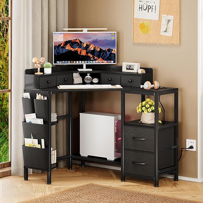 Corner Desk with 6 Drawers Shelves for Small Space Computer Desk with Power OutletsGaming Desk with Printer Monitor Stand Storage for Home Office Workstation Writing Table (Black 31.5)