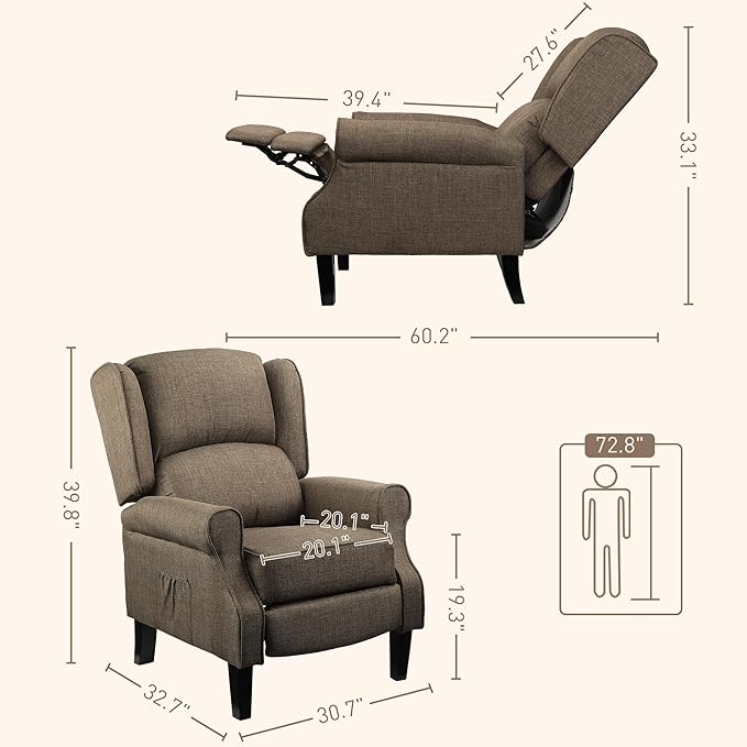 HOMCOM Vibration Massage Recliner Chair for Living Room with Heat Wingback Single Sofa Modern Linen Fabric Push Back Reclining Chair with Footrest Side Pocket Brown
