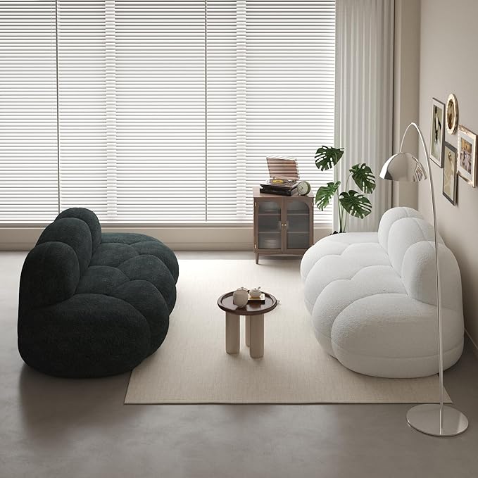 Boneless Small Couch for Bedroom 90 Modern Curved Boucle Couch Comfy Upholstered Cloud LoveSeat Floor Sofa Deep Seat Leisure Bubble Couches for Living Room Small Space (White+Black)