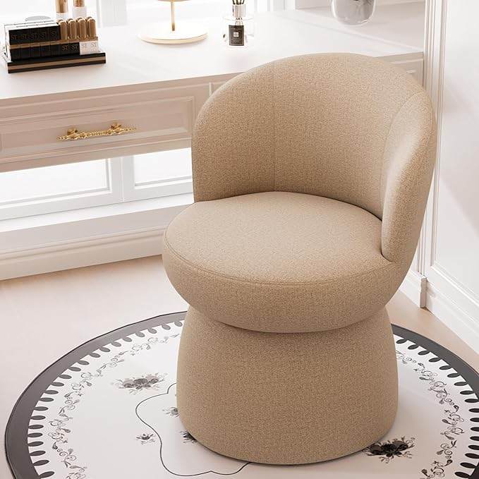 Rowill 360 Degree Swivel Vanity Chair Barrel Textured Accent Chair with Boucle Fabric Modern Khaki Accent Chairs for Living Room Dressing Room Reading Nook