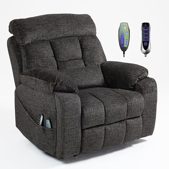 4 Motor Power Lift Recliner Chair for Elderly 400LBS Big Man Oversized Lay Flat Recliner with Massage Heat Zero Gravity Electric Lift Chair Adjustable Headrest Cup HoldersDark Grey