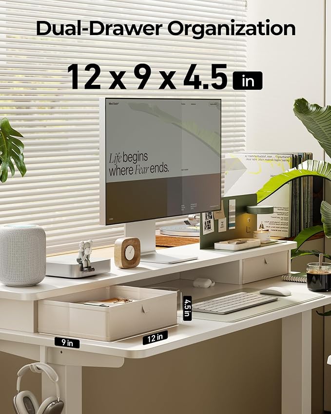 48x24 Inch Electric Standing Desk with Double Drawers Adjustable Feet &amp Hooks Ergonomic Home Office Workstation White