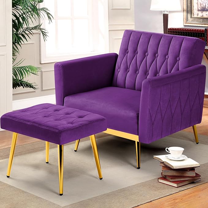 Velvet Accent Chair with Adjustable Armrests and Backrest Button Tufted Lounge Chair Single Recliner Armchair with Ottoman and Pillow for Living Room Bedroom Purpel