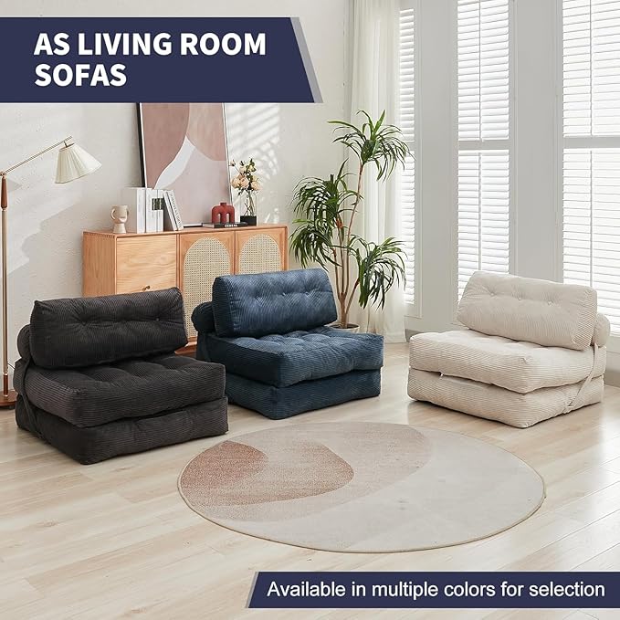 ijuicy Folding Sofa BedCorduroy Futon Sofa Bed Convertible Sleeper Chair with Pillow Foldable Mattress with Back Support Floor Couch for Adults for Living RoomNo Assembly（Beige/Single）