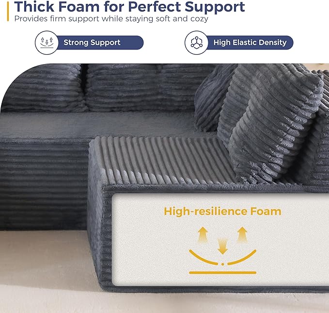 MAXYOYO 132 Oversize Modular Sectional Couch with L-Shape Chaise Modern Boneless Couch for Living Room Sofa in A Box Oversized Sofa Sleeper with Deep Seat No Assembly Required Dark Grey