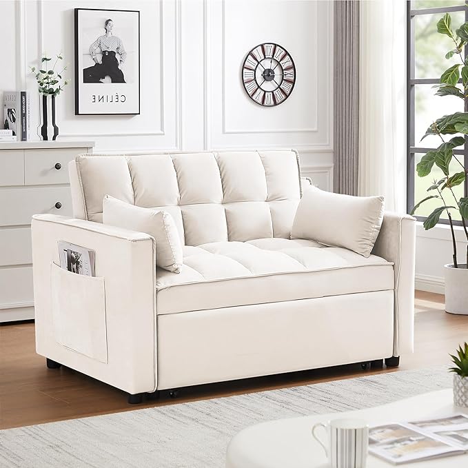 55’’ Sleeper Sofa Couch with Pullout Bed 3-in-1 Convertible Button Tufted Upholstered Futon Loveseat Sofa Bed with Side Pockets and Pillows for Small Place Living Room Bedroom Apt (Beige)