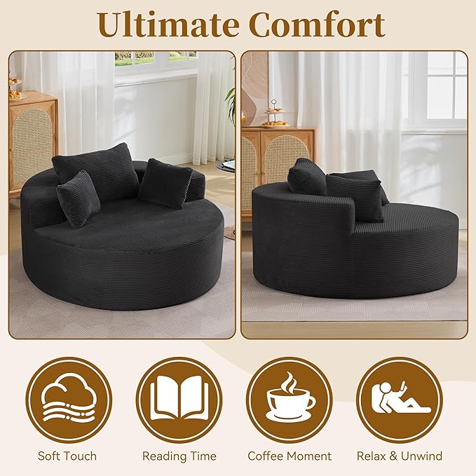 55''Oversized Round Boneless Chaise Lounge ChairCorduroy Modern Floor Sofa Deep Seat Compressed Circle Comfy Barrel Chair No Assembly Sleeper Cloud Sofa Couch Bed for Living Room BedroomBlack